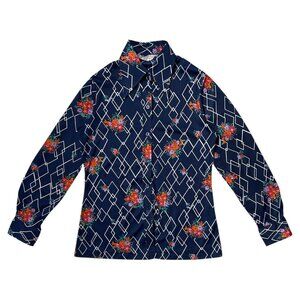 70s vintage geometric floral blouse pointed dagger collar buttonup abstract.